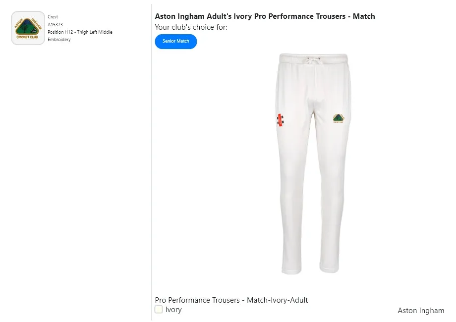 Aston Ingham  Adult's Ivory Pro Performance Trousers - Match