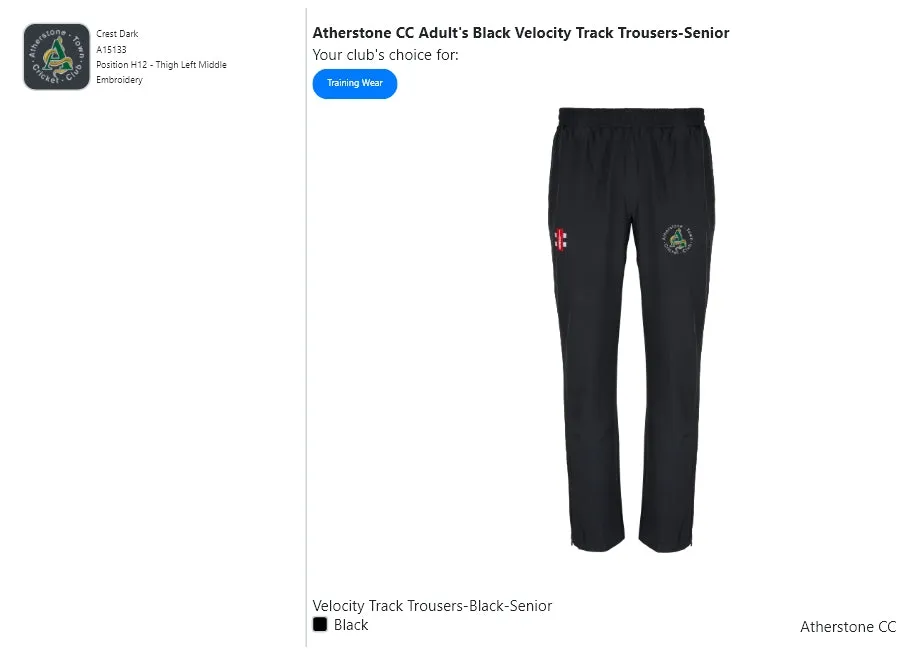 Atherstone CC Adult's Black Velocity Track Trousers-Senior