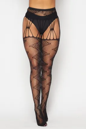 Black Rhinestone Zigzag Tights