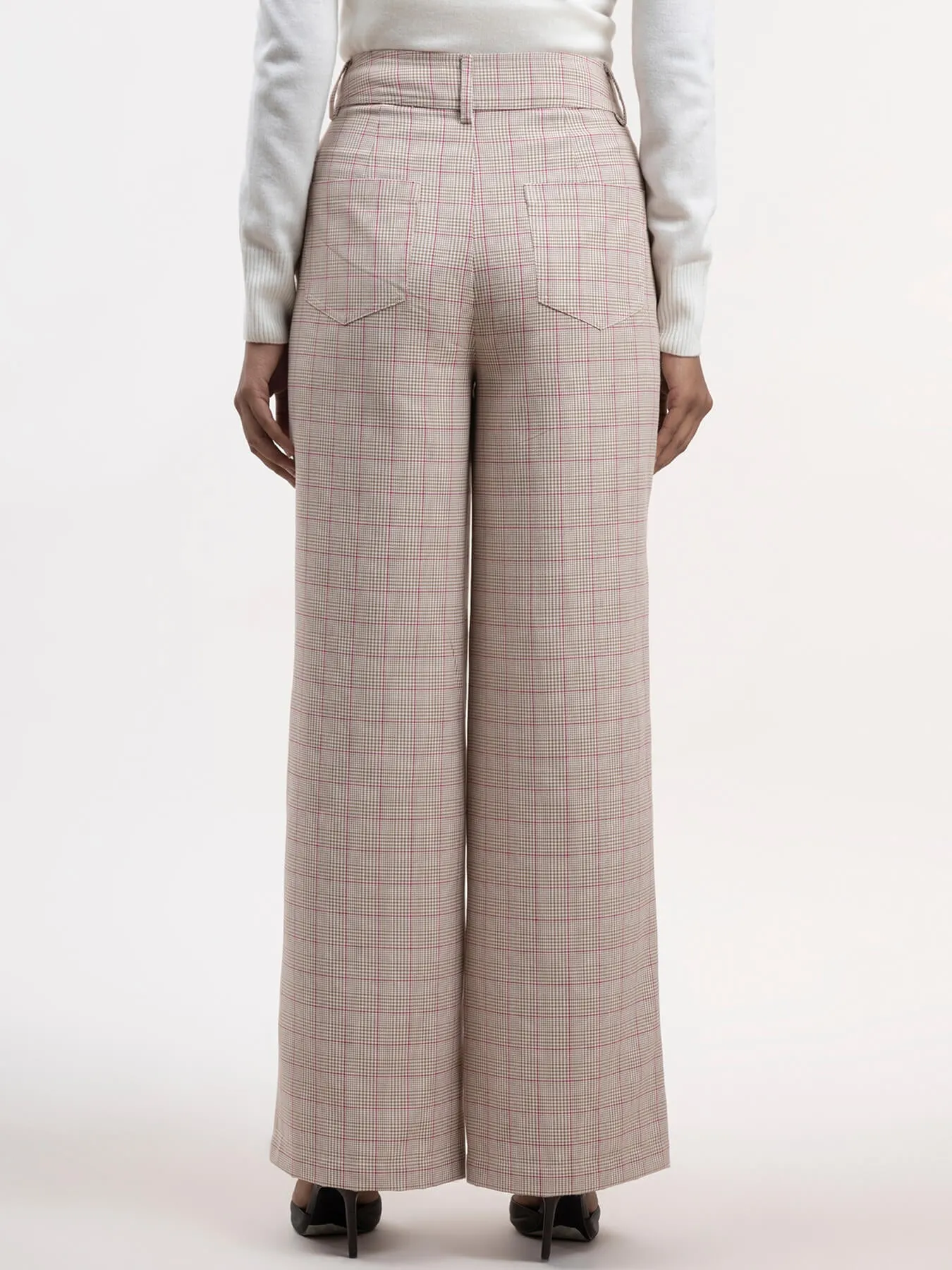 Check Wide Legged Trousers - Beige