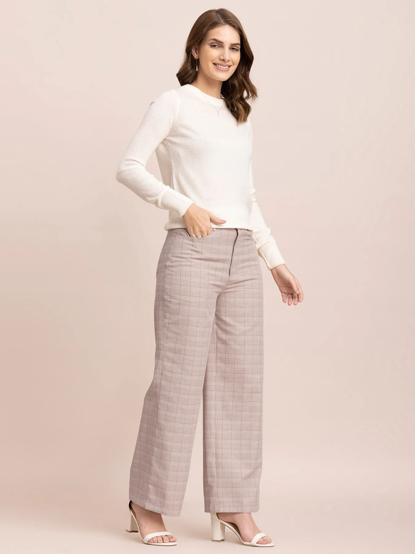 Check Wide Legged Trousers - Beige