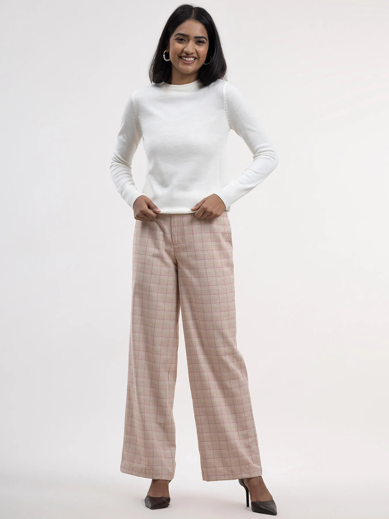 Check Wide Legged Trousers - Beige