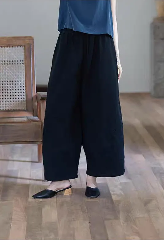 Cotton Linen Long Pants in Black