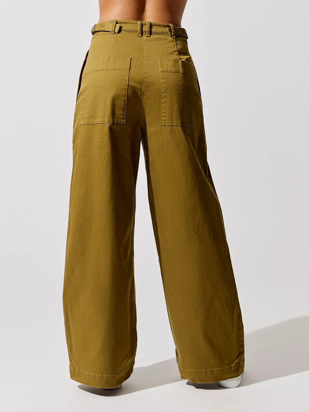 Cotton Twill Wide Leg Pants - Olive