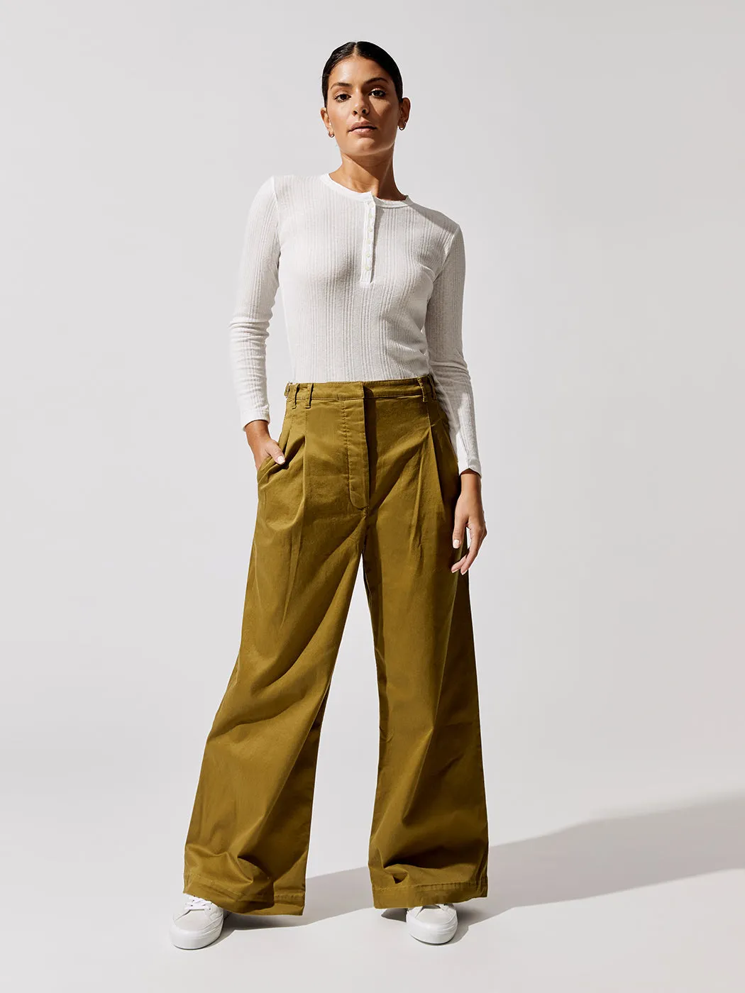 Cotton Twill Wide Leg Pants - Olive