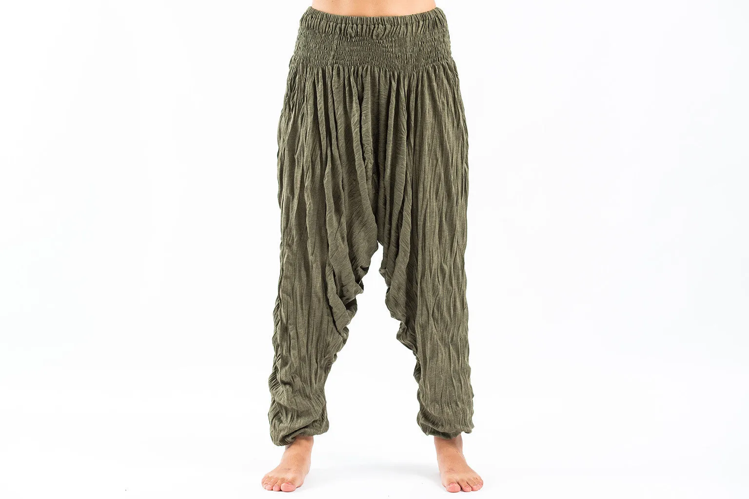 Crinkled Cotton Harem Pants in Green