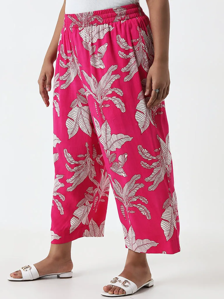 Diza Magenta Foliage Printed High-Rise Cotton Ethnic Pants