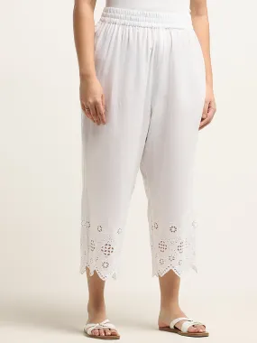 Diza White Floral Design High-Rise Cotton Ethnic Pants