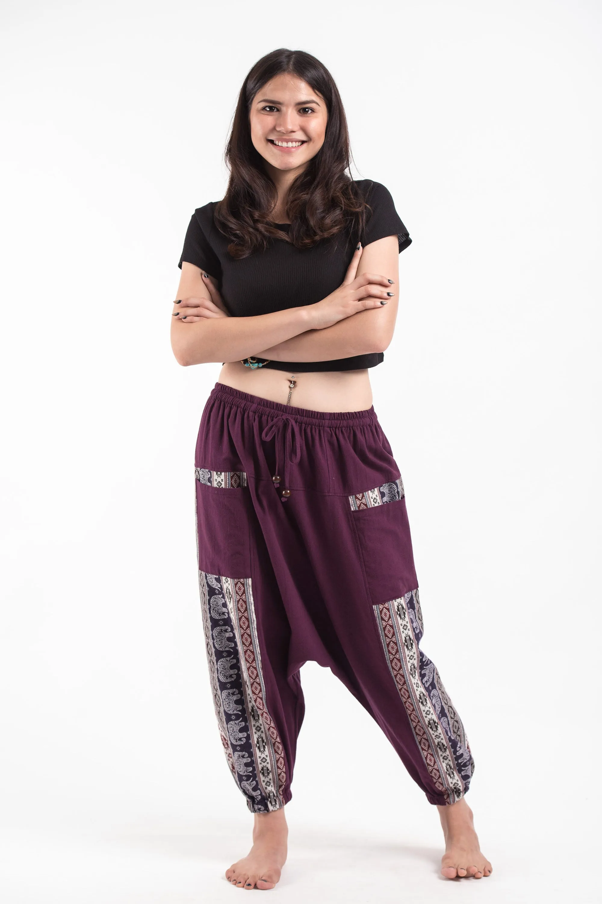 Elephant Aztec Cotton Women's Harem Pants in Purple