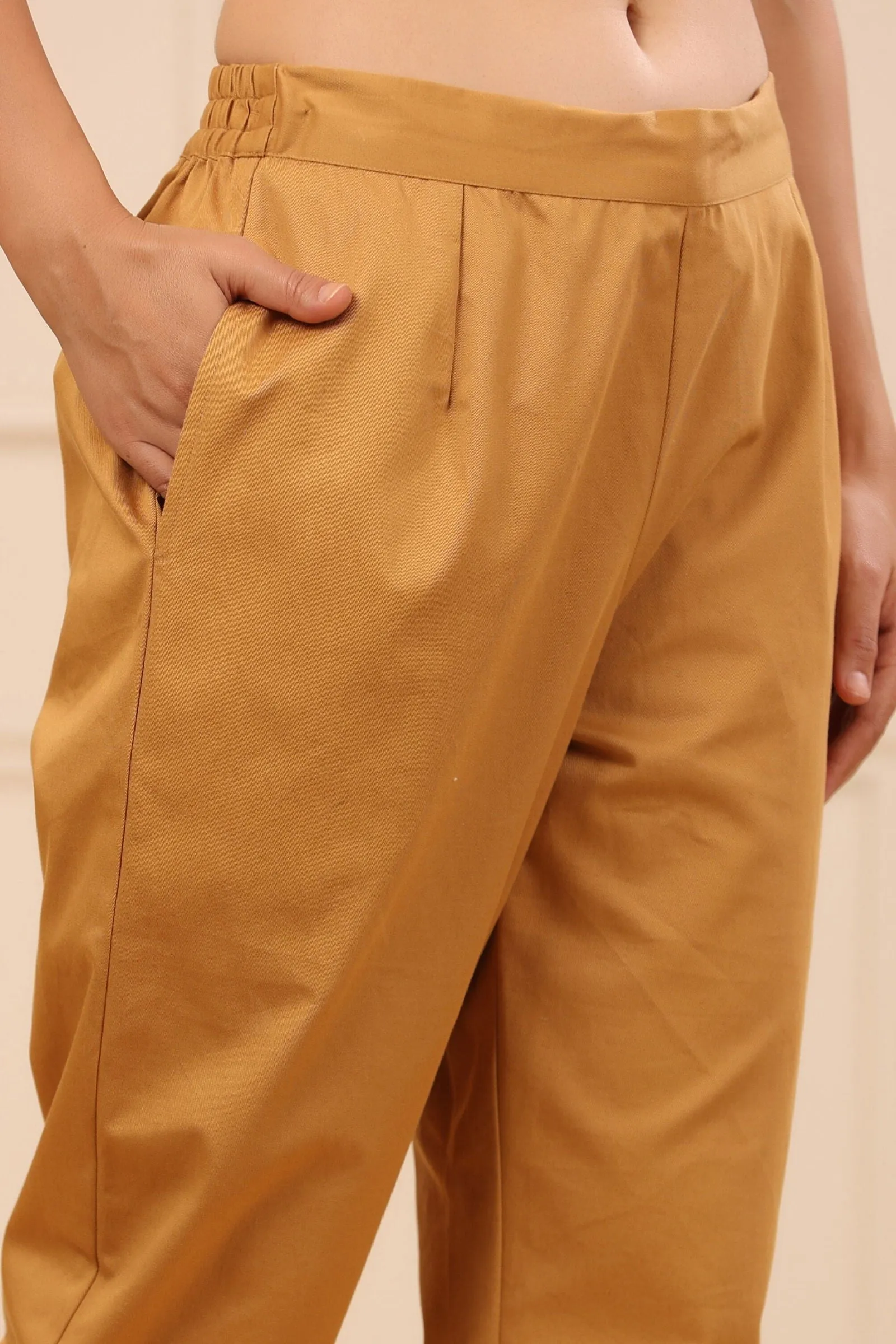 Juniper Gold Solid Slim Fit Cotton Pants With Partially Elasticated Waistband.