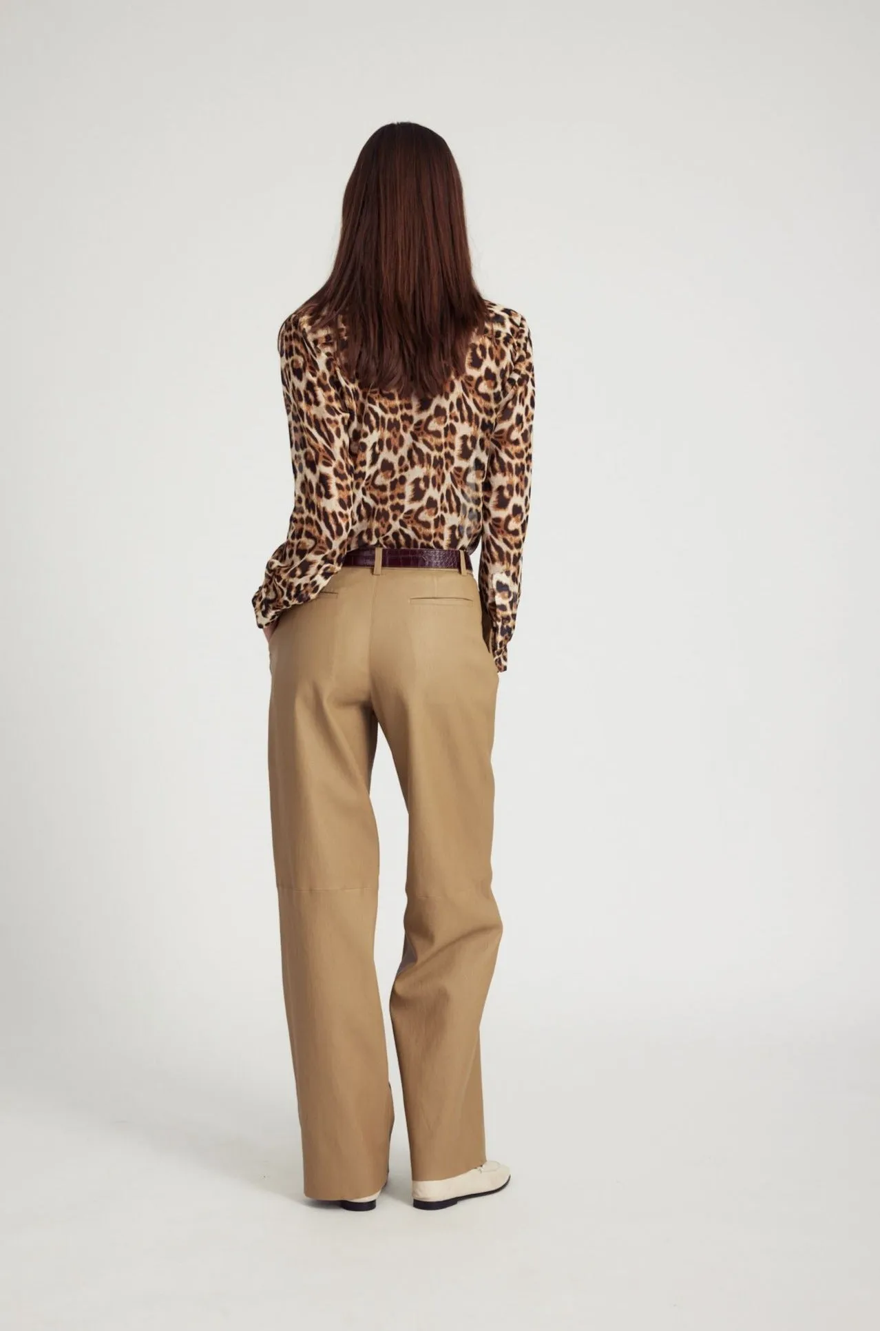 Khaki Leather Pleated Trousers