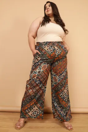 Plus Size Ethnic Print Cotton High Waist Pants