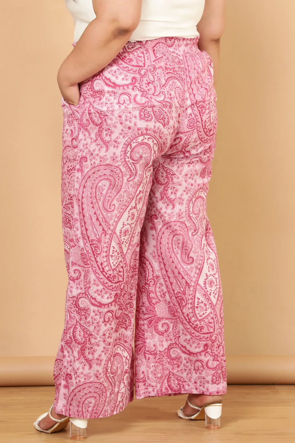 Plus Size Pink Paisley Print Cotton High Waist Pants