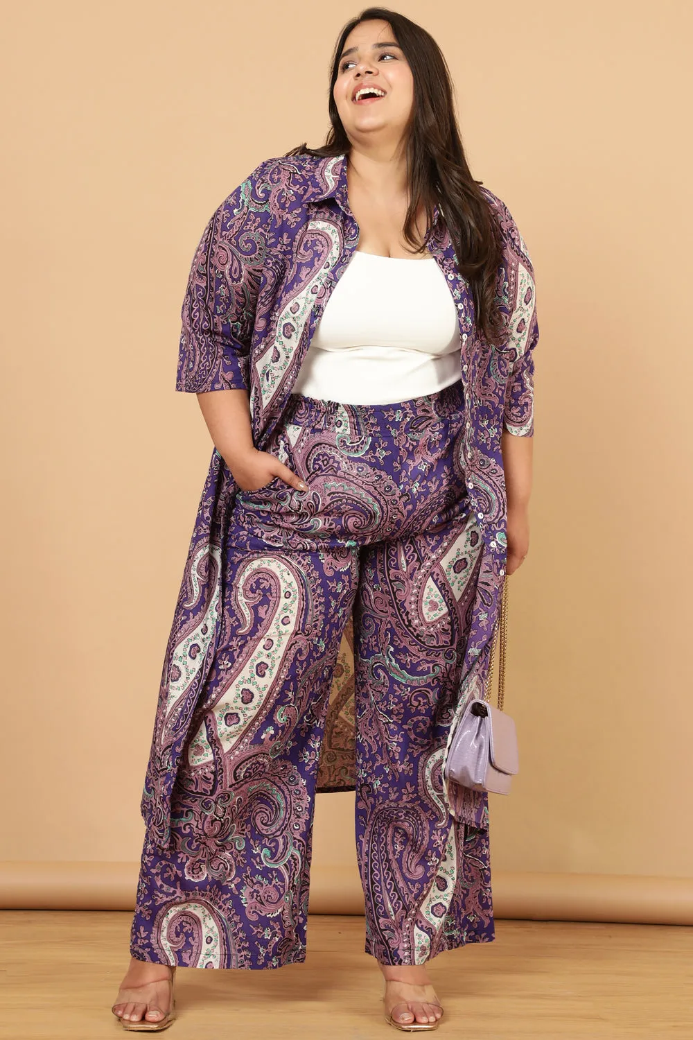 Plus Size Purple Paisley Print Cotton High Waist Pants