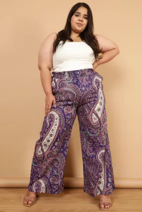 Plus Size Purple Paisley Print Cotton High Waist Pants