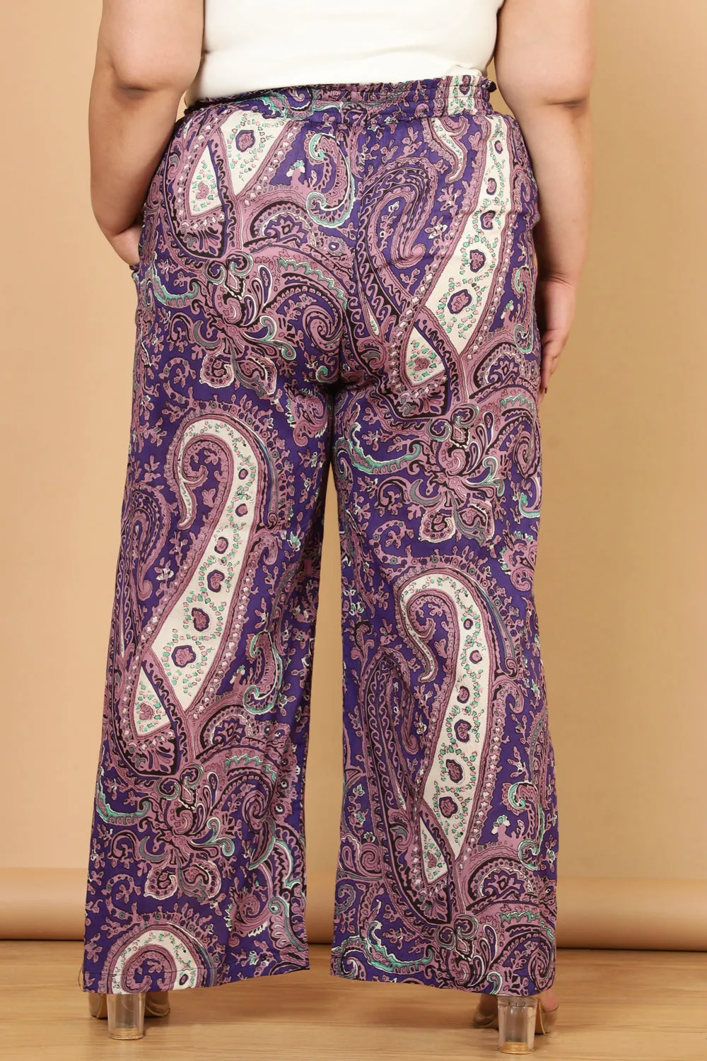 Plus Size Purple Paisley Print Cotton High Waist Pants