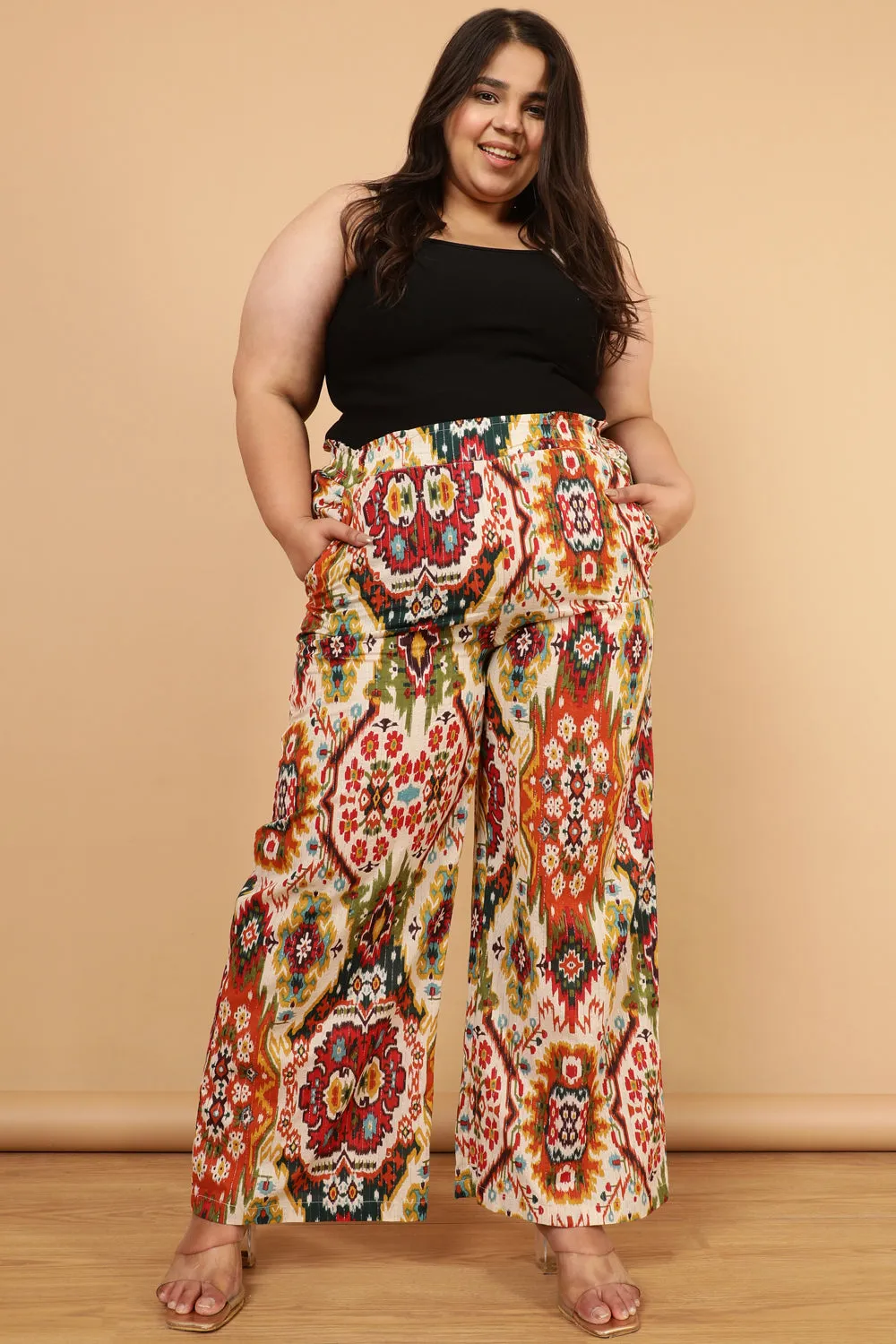 Plus Size White Patola Print Cotton High Waist Pants