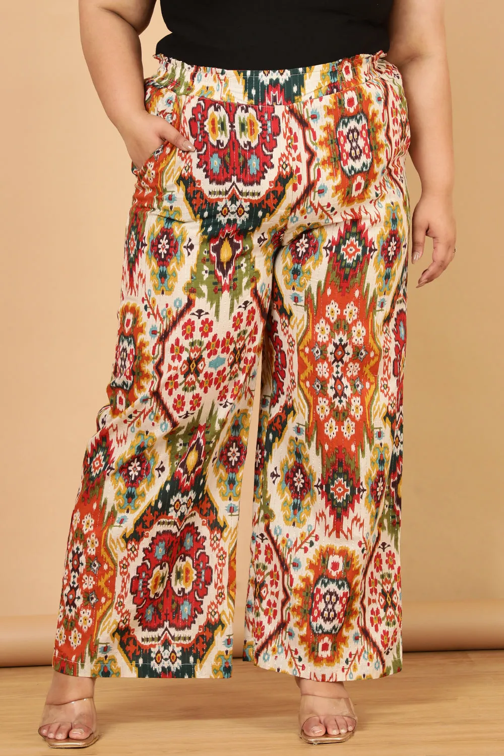 Plus Size White Patola Print Cotton High Waist Pants