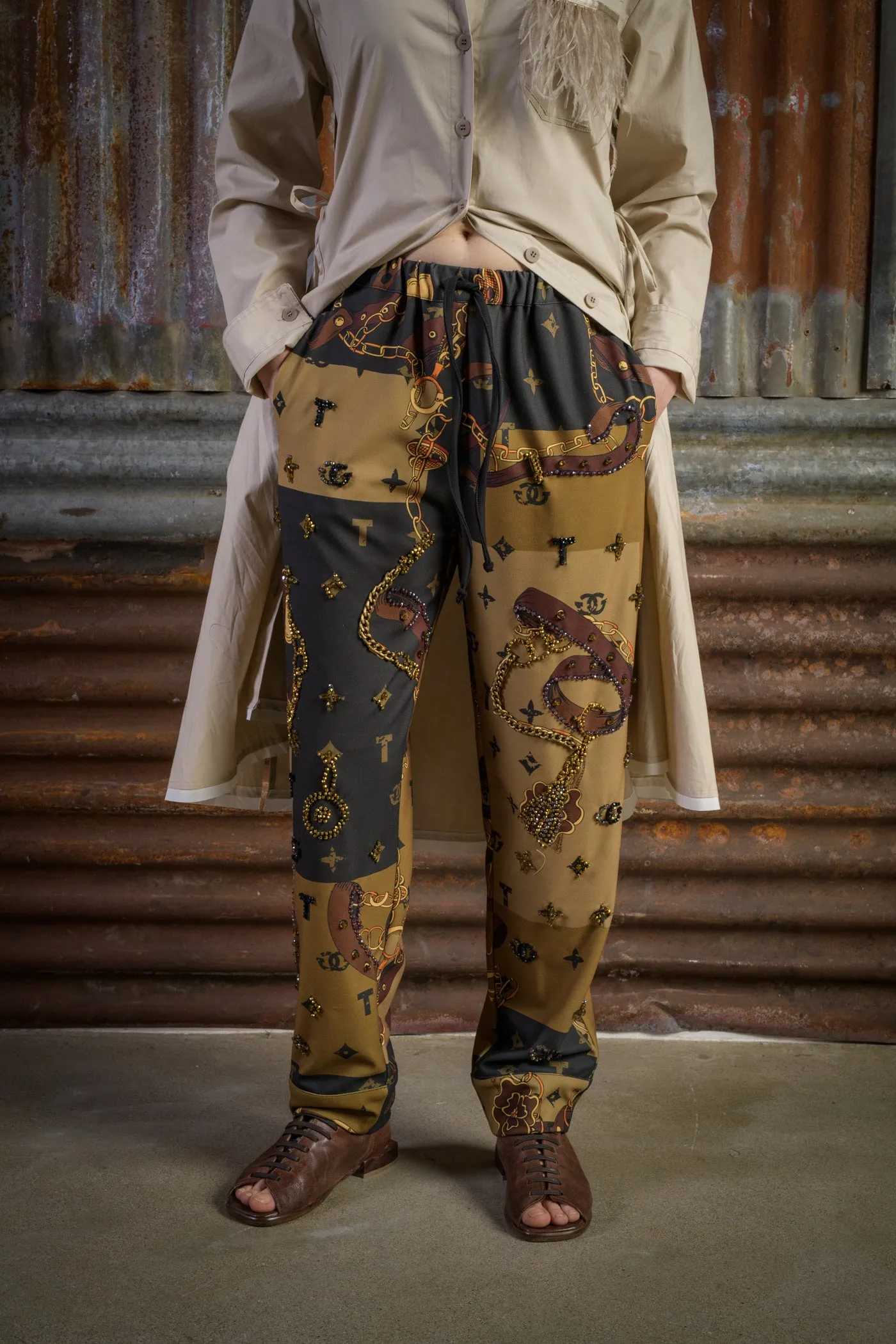 Printed and Hand-Embroidered Drawstring Trousers