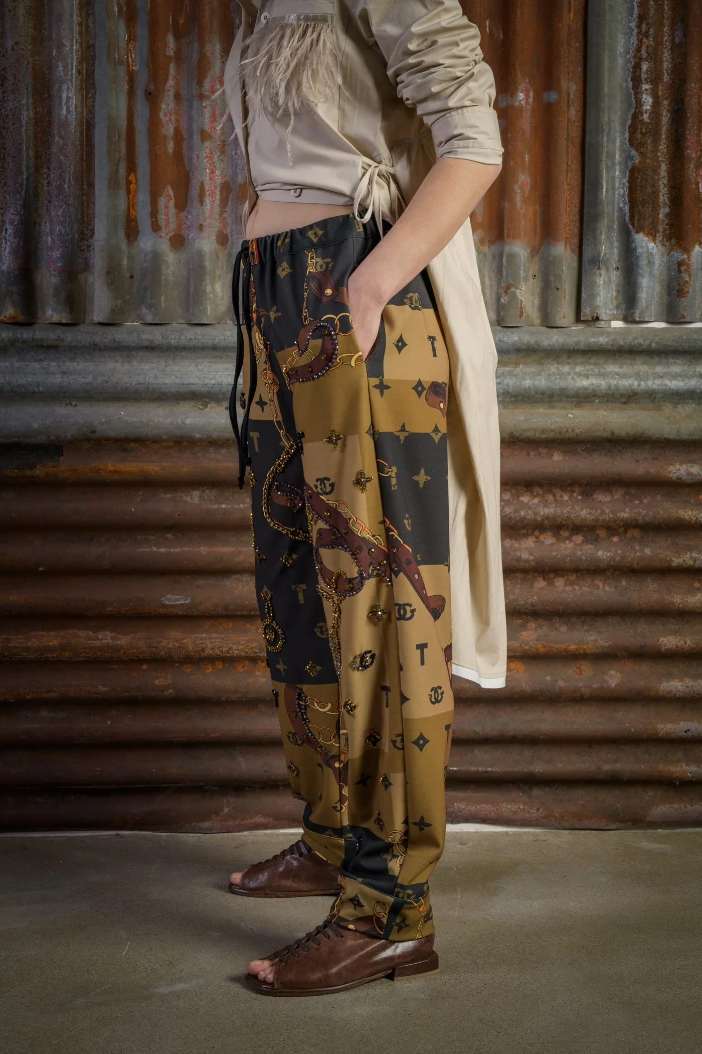 Printed and Hand-Embroidered Drawstring Trousers