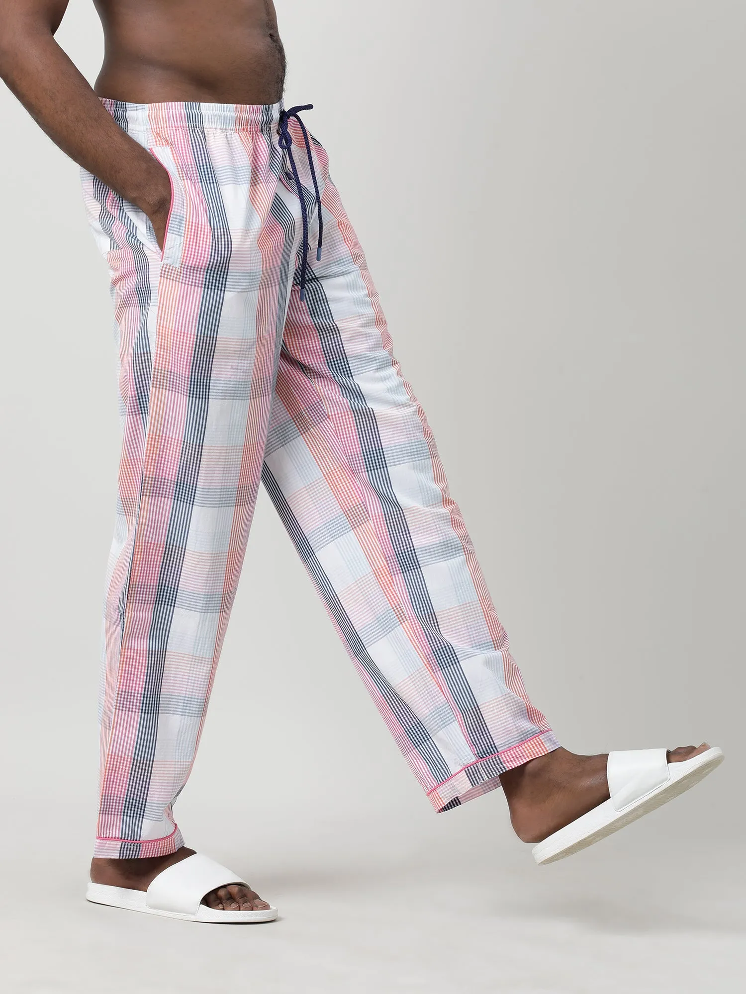 White Cotton Checked Ankle Length Pants