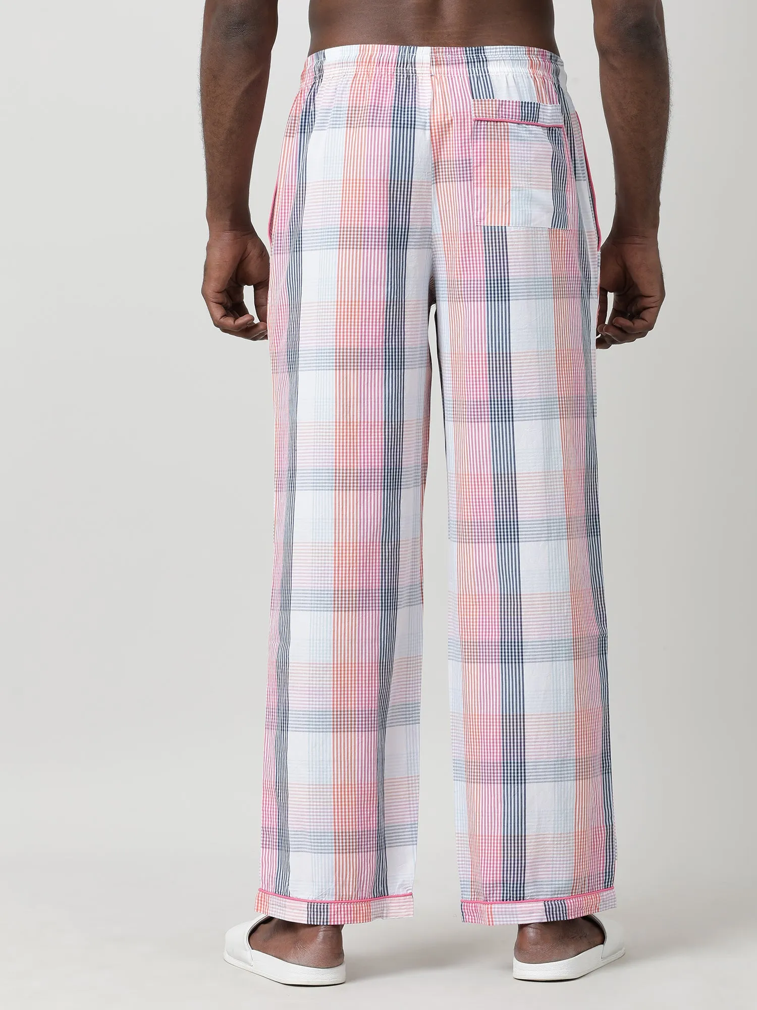 White Cotton Checked Ankle Length Pants