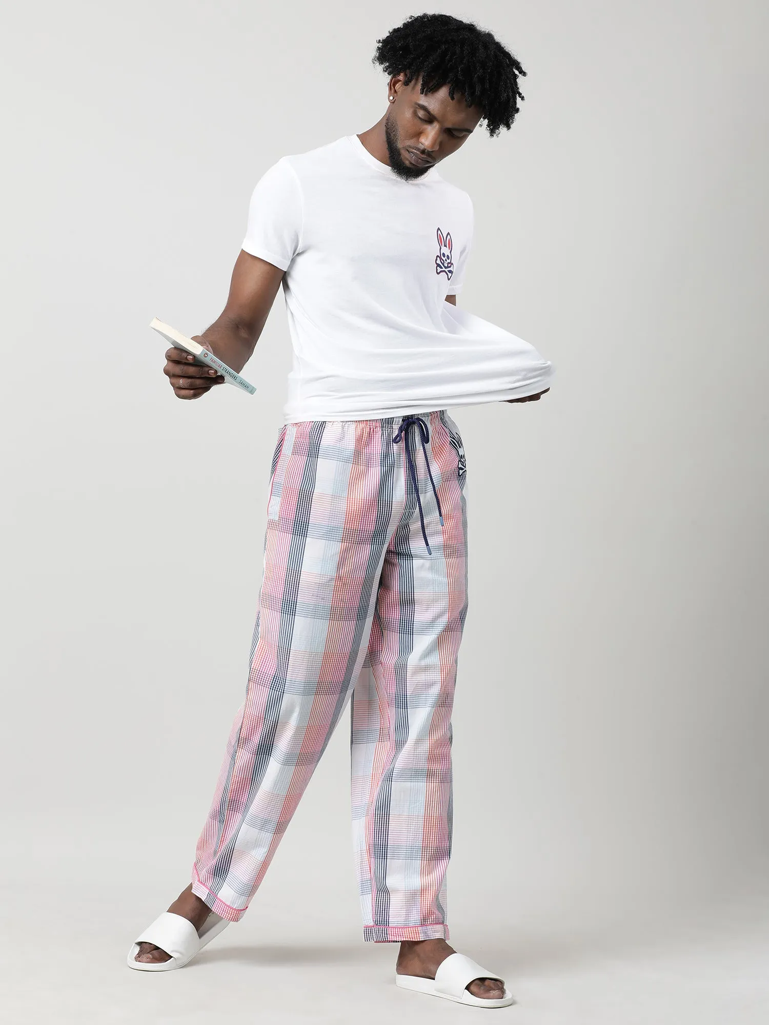 White Cotton Checked Ankle Length Pants