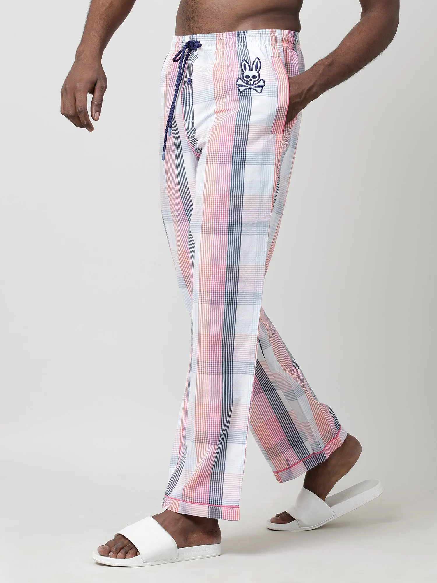 White Cotton Checked Ankle Length Pants